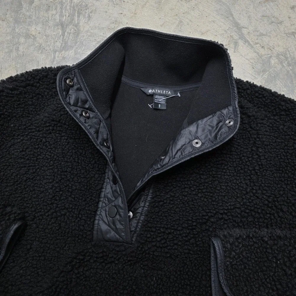 Athleta Black‎ Sherpa Fleece Quilted Snap Neck Pullover Top Womens Small